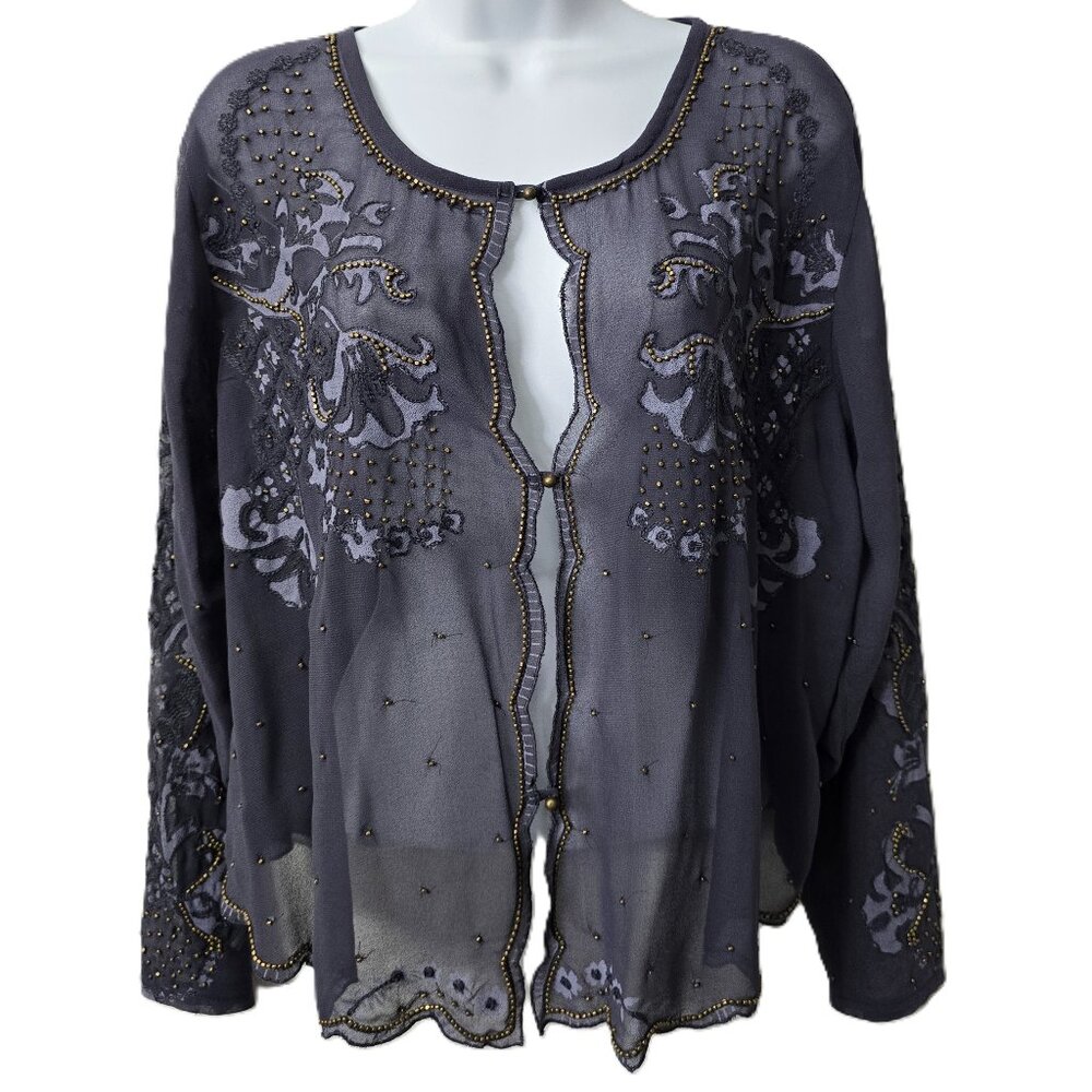 Soft Surroundings Sheer Topper Cardigan L Top Beaded Blue Party Mother of Bride